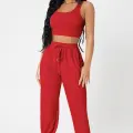 Kadın Kırmızı Kaşkorse Cepli Jogger Eşofman Altı ve Crop Top Bluz