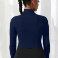 Kadın Lacivert Uzun Kol Fermuarlı Parmak Geçme Detaylı Dik Yaka Crop Top Bluz