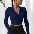 Kadın Lacivert Uzun Kol Fermuarlı Parmak Geçme Detaylı Dik Yaka Crop Top Bluz