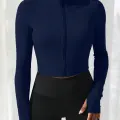 Kadın Lacivert Uzun Kol Fermuarlı Parmak Geçme Detaylı Dik Yaka Crop Top Bluz