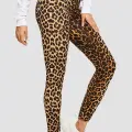 Kadın Leopar Desenli Yüksek Bel Dar Kesim Esnek Tayt