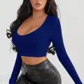 Kadın Mavi Uzun Kol Kare Yaka Crop Top Bluz