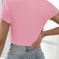 Kadın Pembe Yarım Kol Düz Yaka Crop Top Bluz