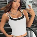 Kadın Siyah Beyaz Çift Renk Çapraz Askılı Crop Top Bluz