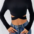 Kadın Siyah Çapraz Bel Detaylı Dik Yaka Uzun Kol Crop Top Bluz