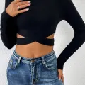 Kadın Siyah Çapraz Bel Detaylı Dik Yaka Uzun Kol Crop Top Bluz