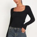 Kadın Siyah Kare Yaka Dantelli Uzun Kollu Crop Top Bluz
