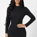 Kadın Siyah Kaşkorse Balıkçı Yaka Uzun Kollu Bodycon Mini Elbise
