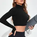 Kadın Siyah Uzun Kol Fermuarlı Parmak Geçme Detaylı Dik Yaka Crop Top Bluz