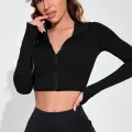 Kadın Siyah Uzun Kol Fermuarlı Parmak Geçme Detaylı Dik Yaka Crop Top Bluz