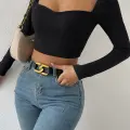 Kadın Siyah Uzun Kol Göğüs Dekolteli Şık Crop Top Bluz
