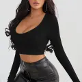 Kadın Siyah Uzun Kol Kare Yaka Crop Top Bluz