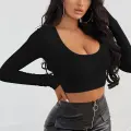 Kadın Siyah Uzun Kol Kare Yaka Crop Top Bluz
