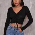 Kadın Siyah Uzun Kollu Büzdürme Bağcık Detaylı Crop Top Bluz
