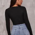 Kadın Siyah Uzun Kollu Büzdürme Bağcık Detaylı Crop Top Bluz
