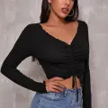 Kadın Siyah Uzun Kollu Büzdürme Bağcık Detaylı Crop Top Bluz