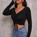 Kadın Siyah Uzun Kollu Büzdürme Bağcık Detaylı Crop Top Bluz