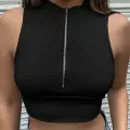 Kadın Siyah Yarım Fermuarlı Sıfır Kol Crop Top Bluz