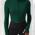 Kadın Yeşil Uzun Kol Fermuarlı Parmak Geçme Detaylı Dik Yaka Crop Top Bluz