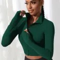Kadın Yeşil Uzun Kol Fermuarlı Parmak Geçme Detaylı Dik Yaka Crop Top Bluz
