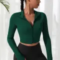 Kadın Yeşil Uzun Kol Fermuarlı Parmak Geçme Detaylı Dik Yaka Crop Top Bluz
