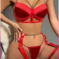 Kırmızı Merdüven Zincirli Göğüs Balenli Kadın Seksi Jartiyer Takım