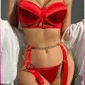 Kırmızı Merdüven Zincirli Göğüs Balenli Kadın Seksi Jartiyer Takım
