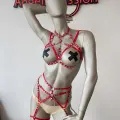 Kırmızı Seksi Elastik Jartiyer Harness Takım