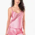 Koyu Pembe Saten Babydoll Şort Takımı