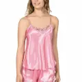 Koyu Pembe saten Babydoll Şort Takım