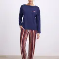 LYYN %100 Modal Lacivert Uzun Kollu T-shirt Ve Çizgili Pantolon Takımı