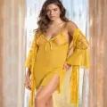 LYYN Arias Closet Sarı Transparan Dantel İşlemeli Tül Yırtmaçlı 2li Gecelik Takımı