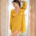 LYYN Arias Closet Sarı Transparan Dantel İşlemeli Tül Yırtmaçlı 2li Gecelik Takımı