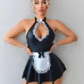 LYYN Arias Closet Siyah Göğüs Dekolteli Boyundan Bağlamalı Mini Etekli Fantezi Deri Hizmetçi Kostümü
