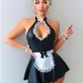 LYYN Arias Closet Siyah Göğüs Dekolteli Boyundan Bağlamalı Mini Etekli Fantezi Deri Hizmetçi Kostümü