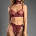 LYYN Arias Closet Bordo Tül Büstiyerli Özel Bölgesi Açık Kelepçeli Fantezi Deri Takım