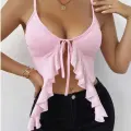 LYYN Arias Closet Pembe İnce Askılı Önden Bağlamalı Fırfır Detaylı Crop