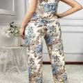LYYN Büyük Beden Mavi Çiçek Desenli İnce Askılı 2li Saten Pijama