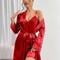 LYYN Dantel İşlemeli İnce Askılı Kırmızı Saten 2li Gecelik Sabahlık Takımı