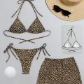 LYYN Kadın 3lü Set Leopar Desenli Şortlu ve Yandan Bağlamalı Bikini Mayo Takımı