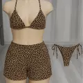 LYYN Kadın 3lü Set Leopar Desenli Şortlu ve Yandan Bağlamalı Bikini Mayo Takımı
