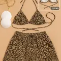LYYN Kadın 3lü Set Leopar Desenli Şortlu ve Yandan Bağlamalı Bikini Mayo Takımı
