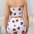 LYYN Kadın Beyaz Çilek Desenli Şortlu Pijama Takımı 5053