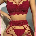 LYYN Kadın Bordo Dantel Detaylı Jartiyer Takım