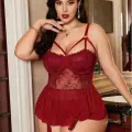 LYYN Kadın Bordo Dantelli Transparan Büyük Beden Fantezi Gecelik Takımı 8002
