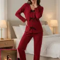 LYYN Kadın Bordo Fiyonklu İç Çamaşırı ve Uzun Kollu V Yaka Pijama Takımı 4lü Set