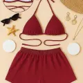 LYYN Kadın Bordo Şortlu Belden ve Boyundan Bağlamalı Bikini Takımı