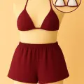 LYYN Kadın Bordo Şortlu Belden ve Boyundan Bağlamalı Bikini Takımı