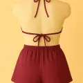 LYYN Kadın Bordo Şortlu Belden ve Boyundan Bağlamalı Bikini Takımı