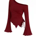 LYYN Kadın Bordo Uzun İspanyol Kollu Asimetirik Yaka Yandan Bağlamalı Drapeli Bluz